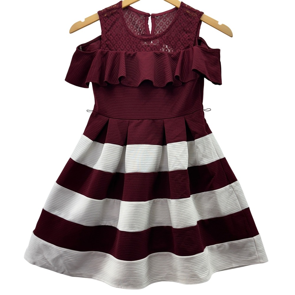 Girls Size‎ 10 Burgundy White Striped Lace Fit Flare Dress Off Shoulder Ruffle